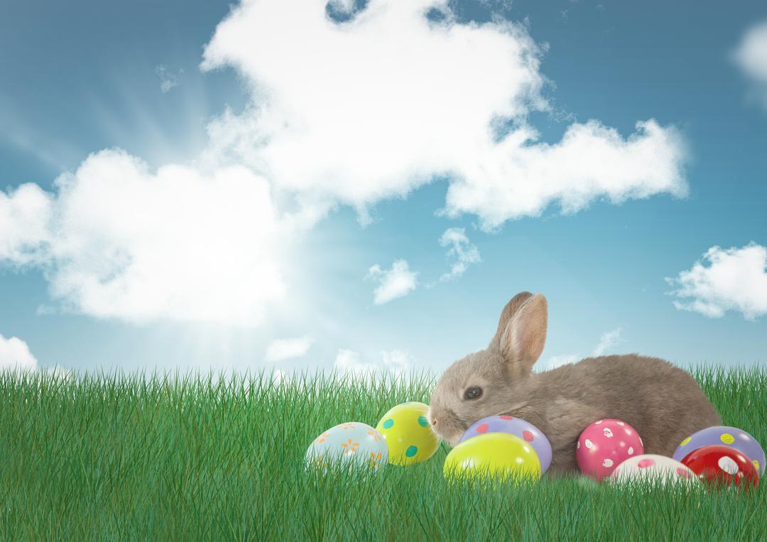 Rabbit with Easter eggs with sky background - Free Images, Stock Photos and Pictures on Pikwizard.com