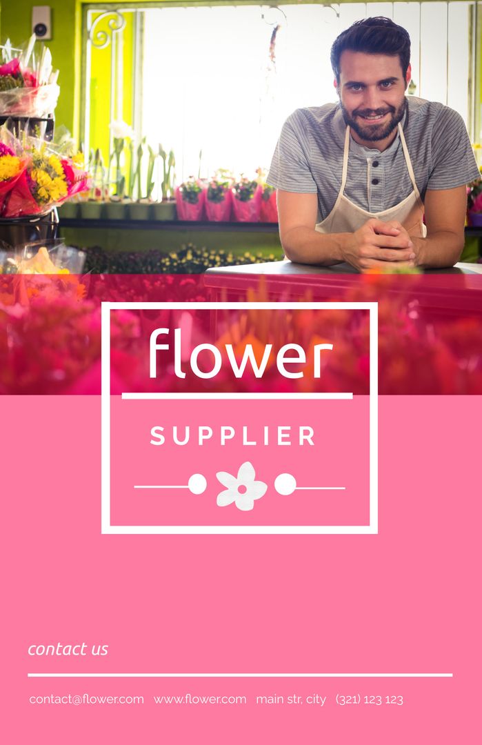 Cheerful Florist Promoting Local Flower Shop with Vibrant Blooms in Store - Download Free Stock Templates Pikwizard.com