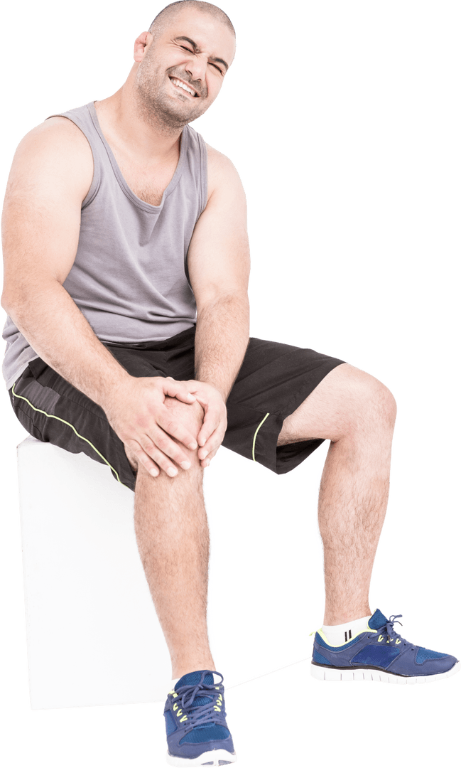 Transparent Athlete Clutching Knee in Discomfort