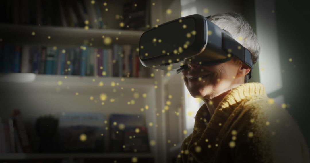 Senior Woman Experiencing Virtual Reality in Home Library