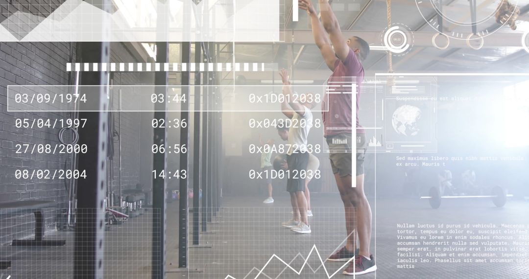 Man Reaching for Pull-up Bar Amidst Digital Fitness Data