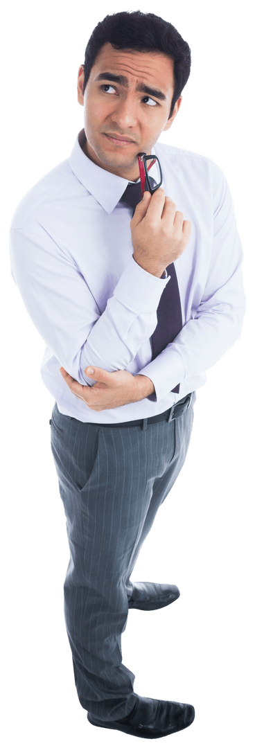 Thoughtful Businessman Holding Red Glasses on Transparent Background