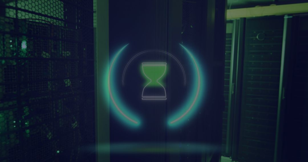 Glowing Hourglass Icon in Dark Server Room Futuristic Scene