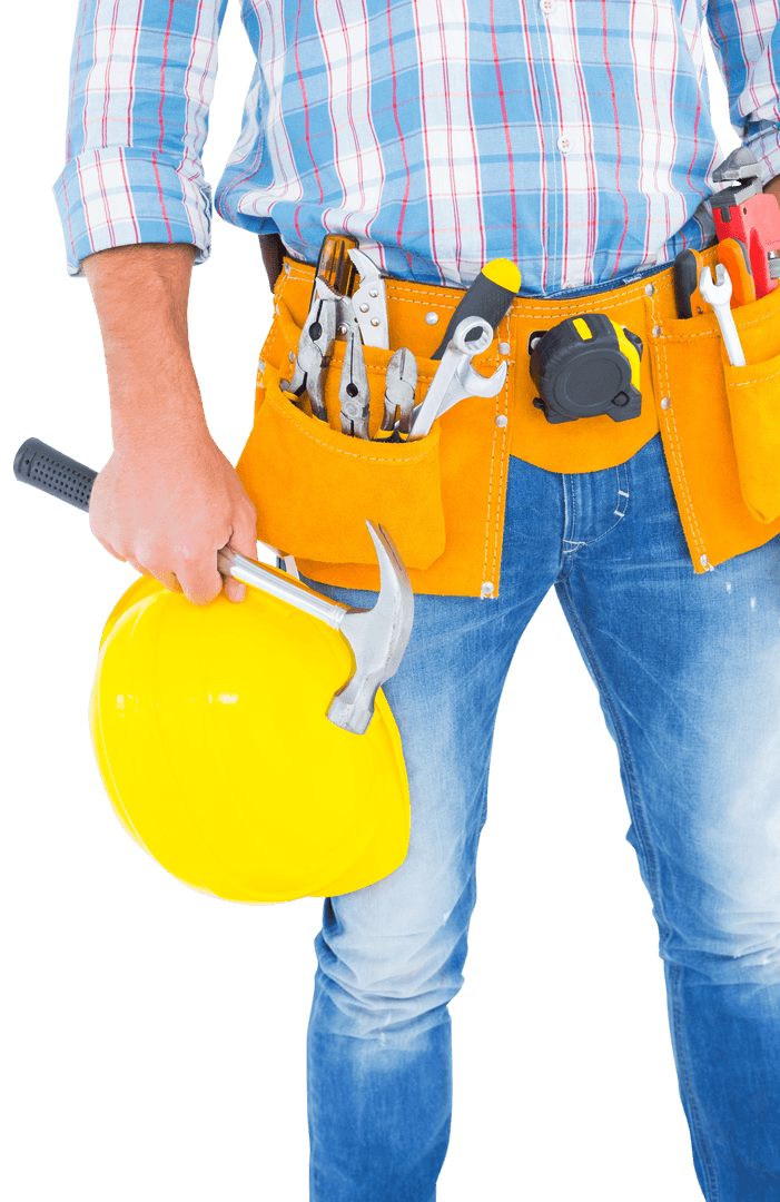 Manual Worker Holding Hammer and Yellow Hardhat with Tool Belt Transparent
