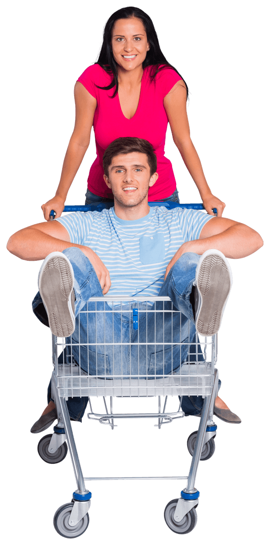 Couple Having Fun with Transparent Shopping Cart