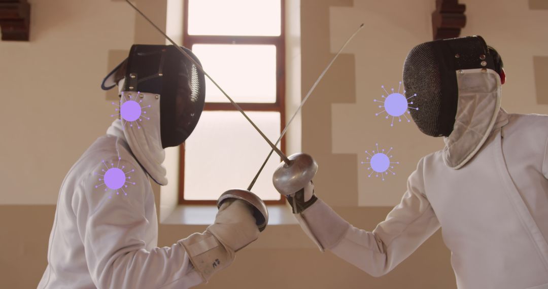 Animated Virus Icons Overlay on Fencers in Action