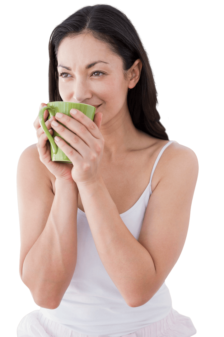 Smiling Biracial Woman Enjoying Coffee on Transparent Background