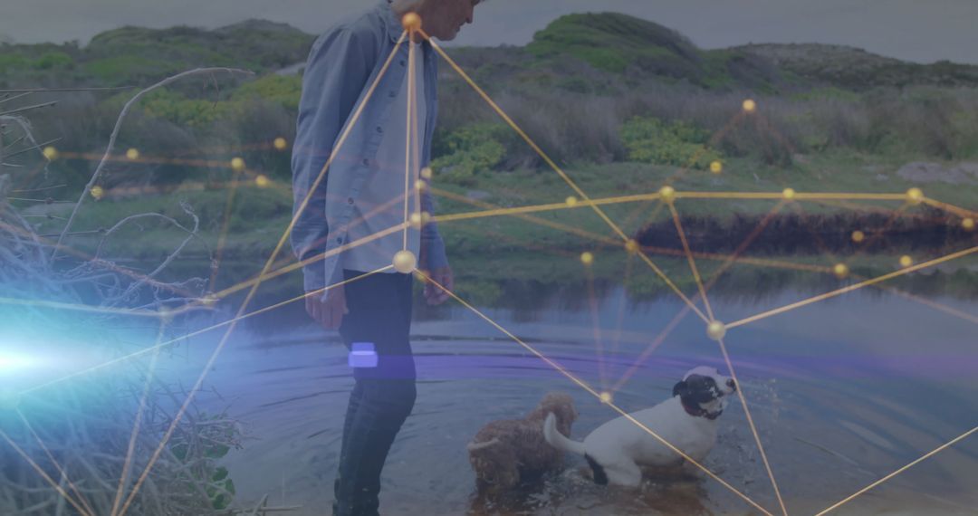 Man and Dogs Exploring Nature with Digital Connectivity Overlay