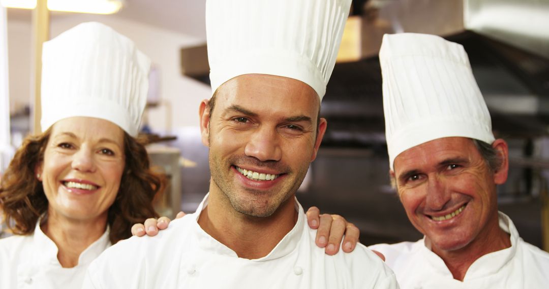 Three smiling chefs wearing white uniforms and hats in professional kitchen - Free Images, Stock Photos and Pictures on Pikwizard.com