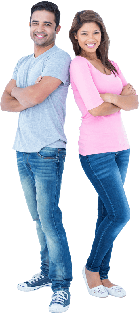 Transparent Couple Standing Back to Back Smiling Confidently