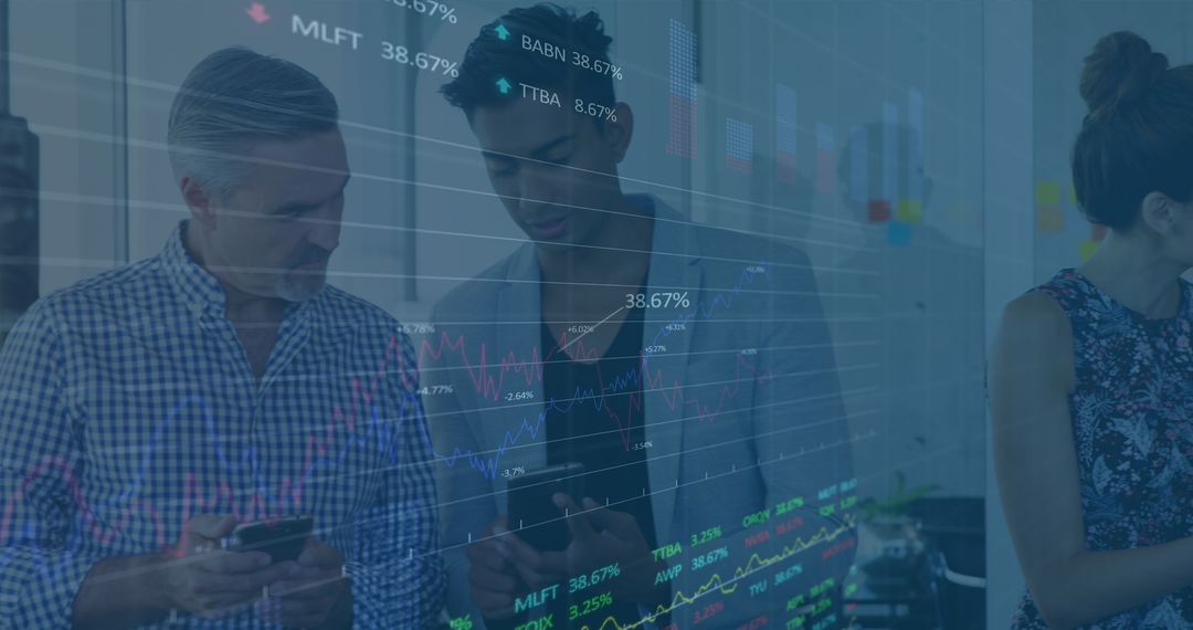 Team Analyzing Stock Market Data on Transparent Display