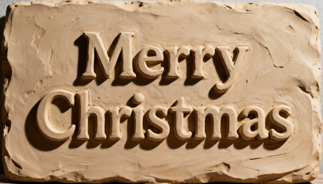 Handcrafted Plaster Bas-Relief Merry Christmas Plaque with Rustic Tool Marks and Shadow