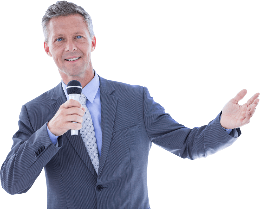 Transparent Businessman Giving Presentation with Microphone