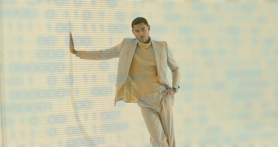 Sleek Male Model in Beige Suit with Digital Binary Overlay