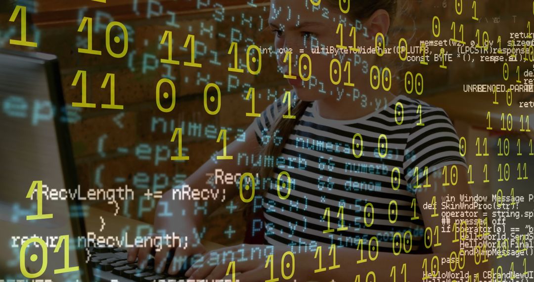Binary code overlay on student using laptop for computer science