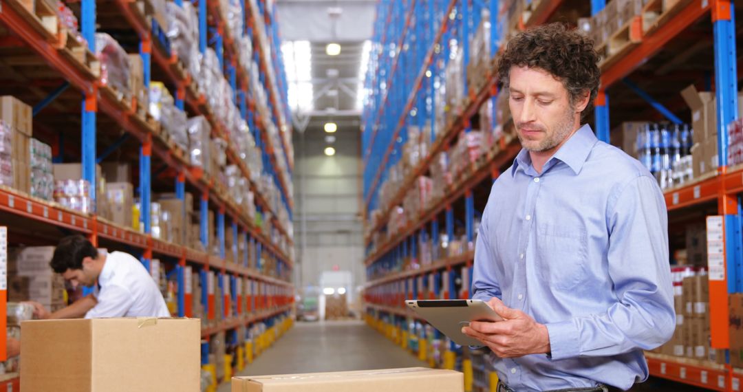 Warehouse Manager Checking Inventory on Tablet in Large Warehouse