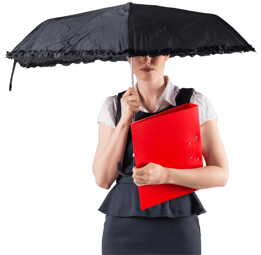Transparent Redhead Businesswoman Holding Umbrella and Red Folder