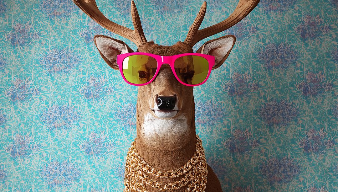 Taxidermy deer wearing pink sunglasses and gold chains on turquoise floral wallpaper