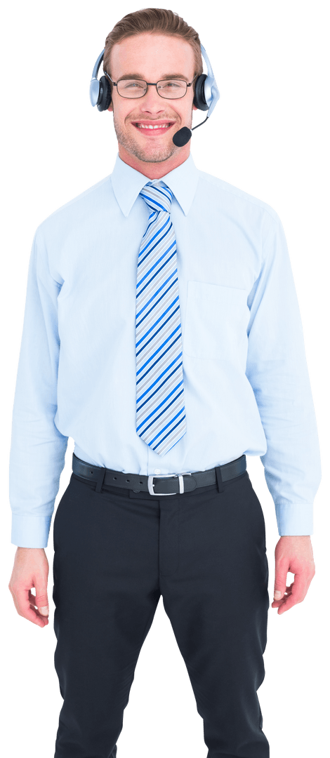 Transparent Businessman Smiling in Headset for Call Center Concept