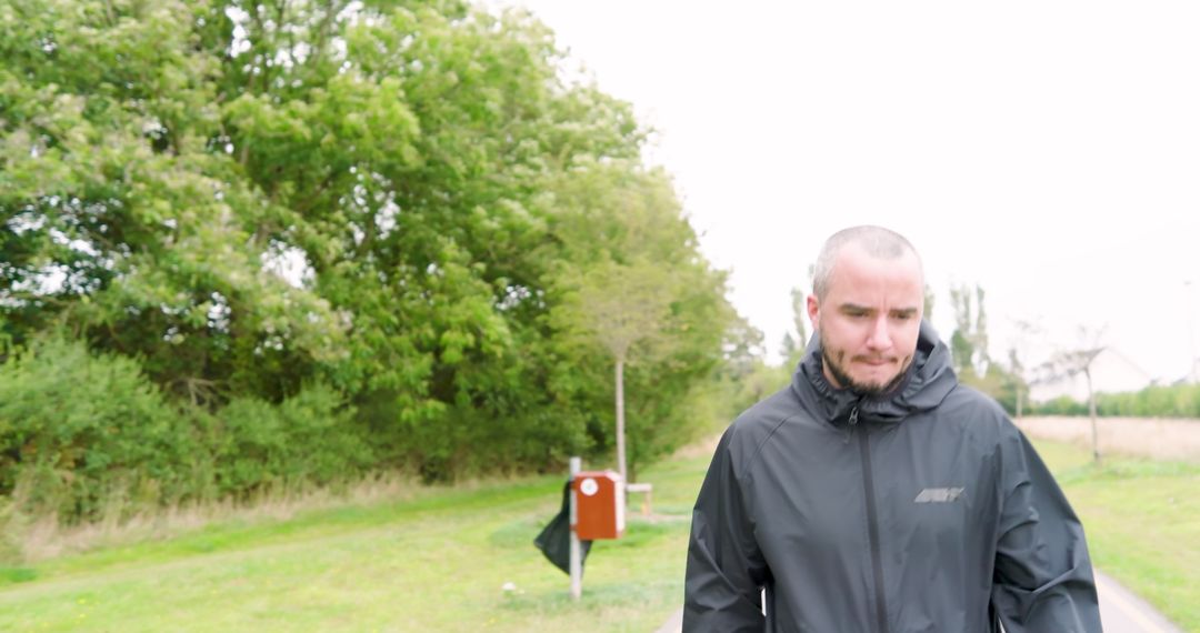 Man Jogging in Park Amidst Greenery in Black Jacket