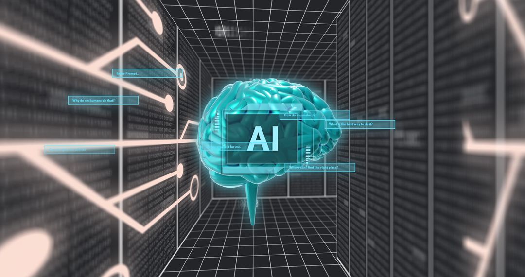 3D Digital Brain with AI Interface Illustrating Technological Concept