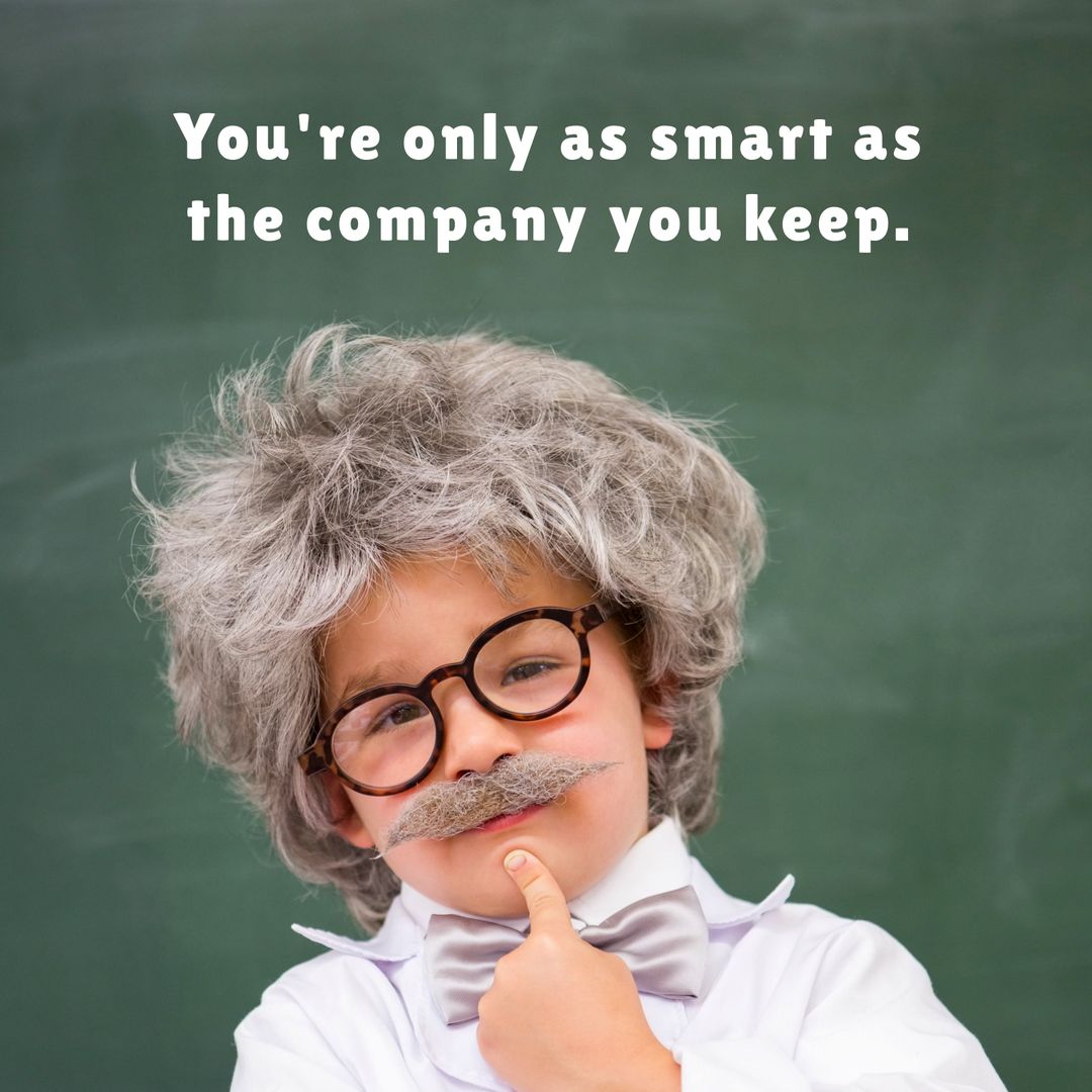 Child Dressed as Elderly Professor Against Classroom Backdrop