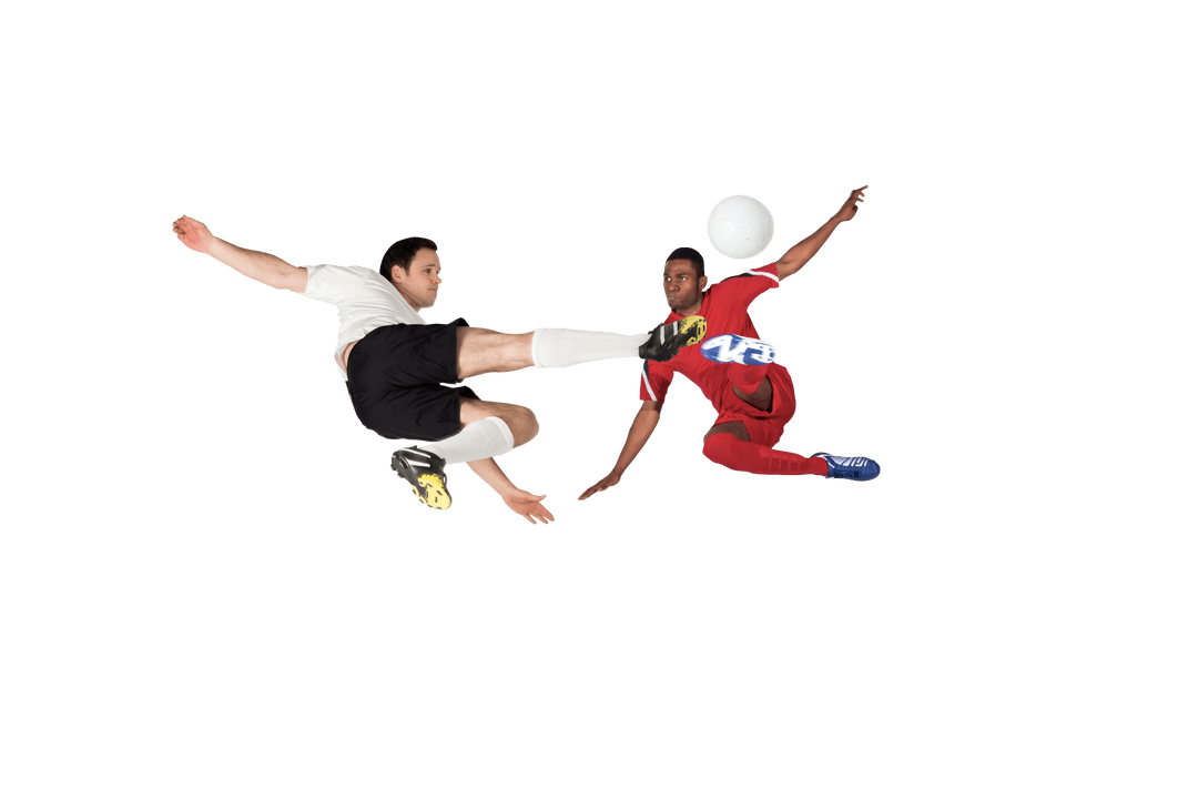 Dynamic Action Soccer Players Tackling Ball on Transparent Background