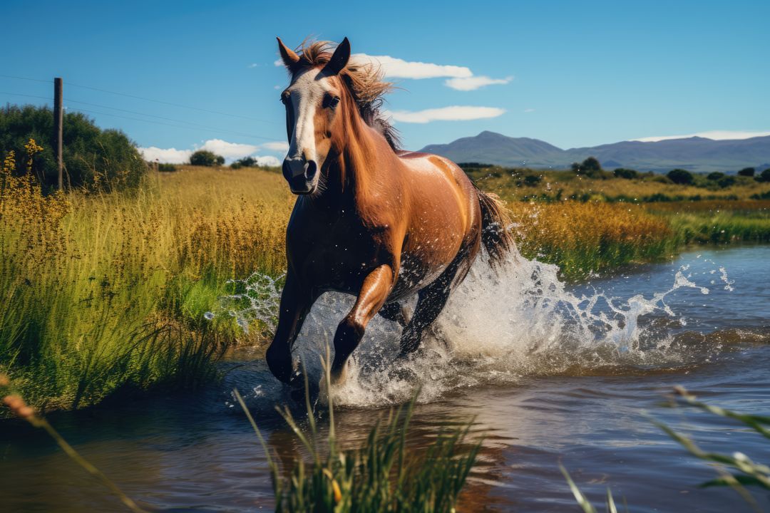 Brown horse galloping in water on sunny day, created using generative ai technology - Free Images, Stock Photos and Pictures on Pikwizard.com