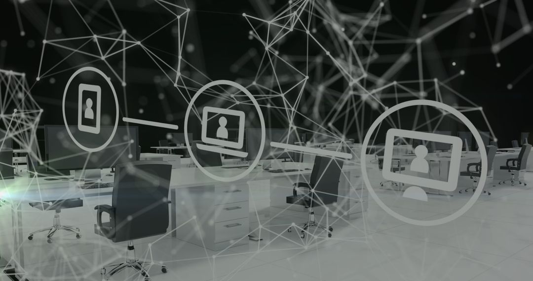 Transparent Cybersecurity Icons in Modern Office with Abstract Network