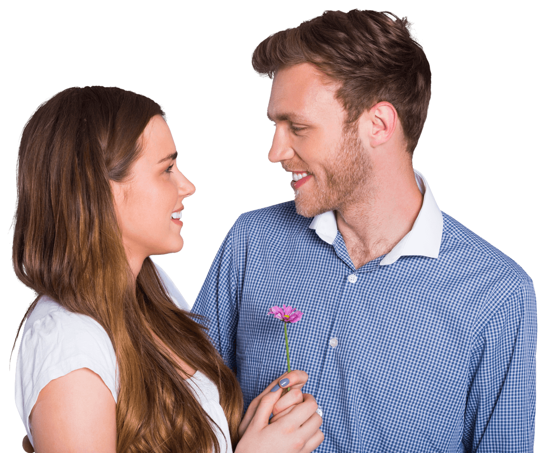 Young Couple Embracing with Tulip on Transparent Background