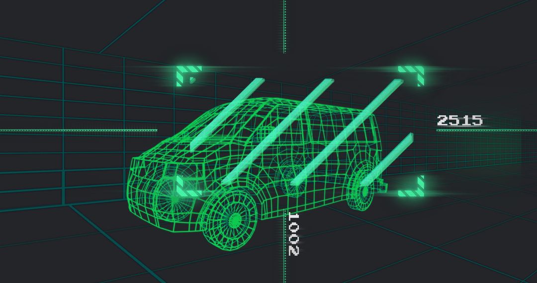Futuristic 3D Wireframe Passenger Van in Virtual Grid System