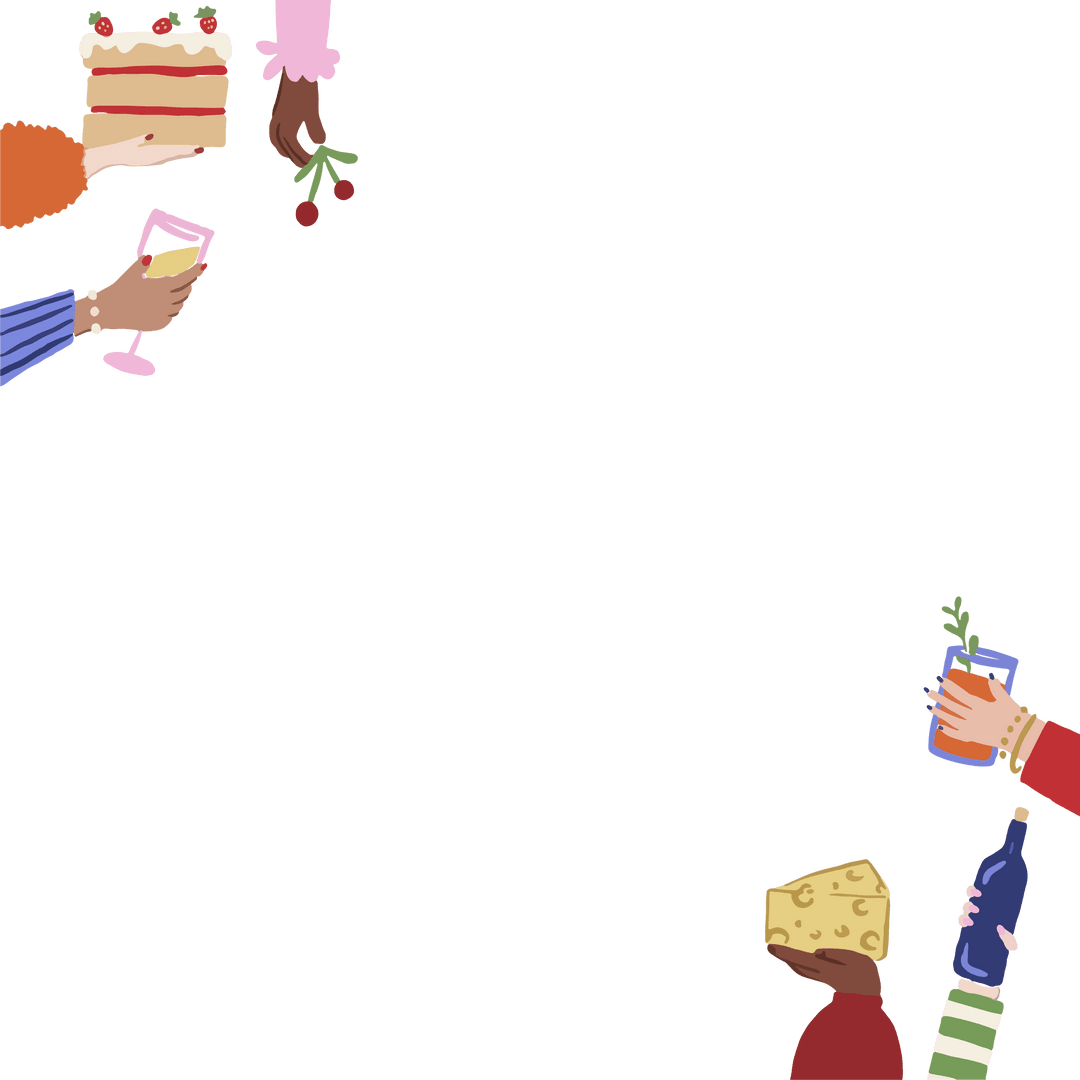 Stylized Hands with Cake and Drinks on Transparent Background