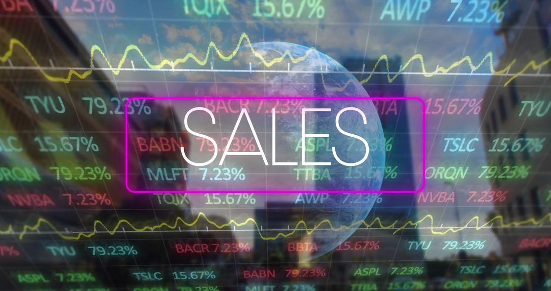 Neon Lights Highlighting Sales Over Globe with Trading Dashboard