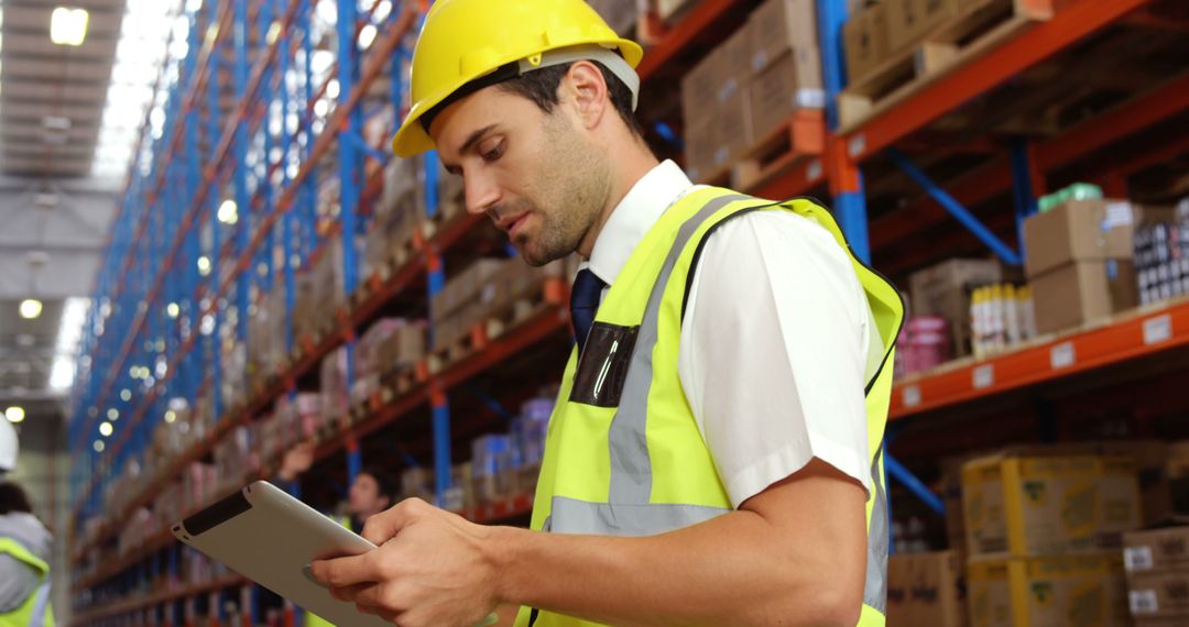 Warehouse Worker in Safety Gear Using Digital Tablet - Free Images, Stock Photos and Pictures on Pikwizard.com