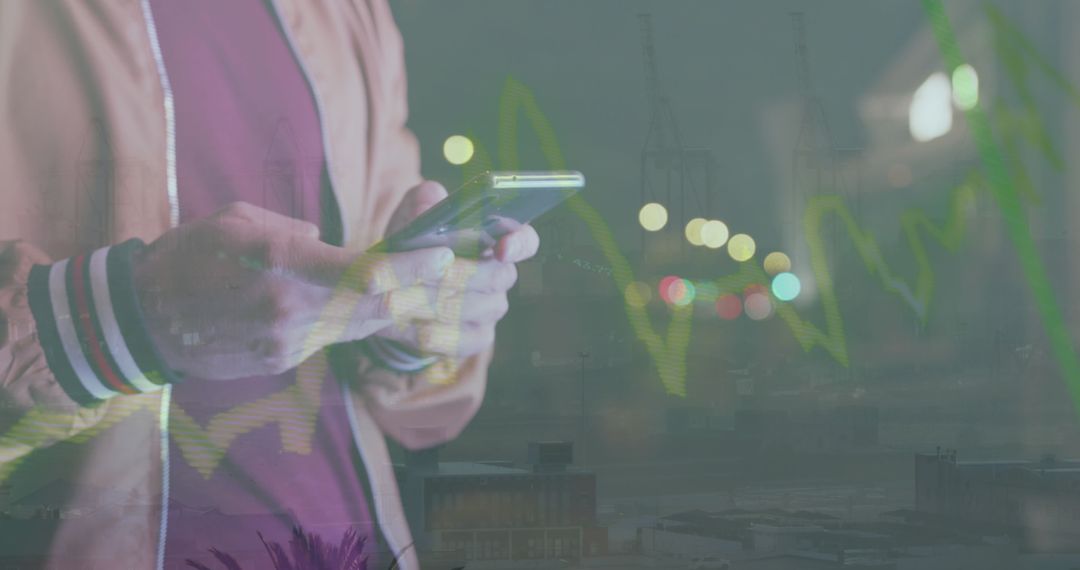 Man Using Smartphone with Stock Market Overlay