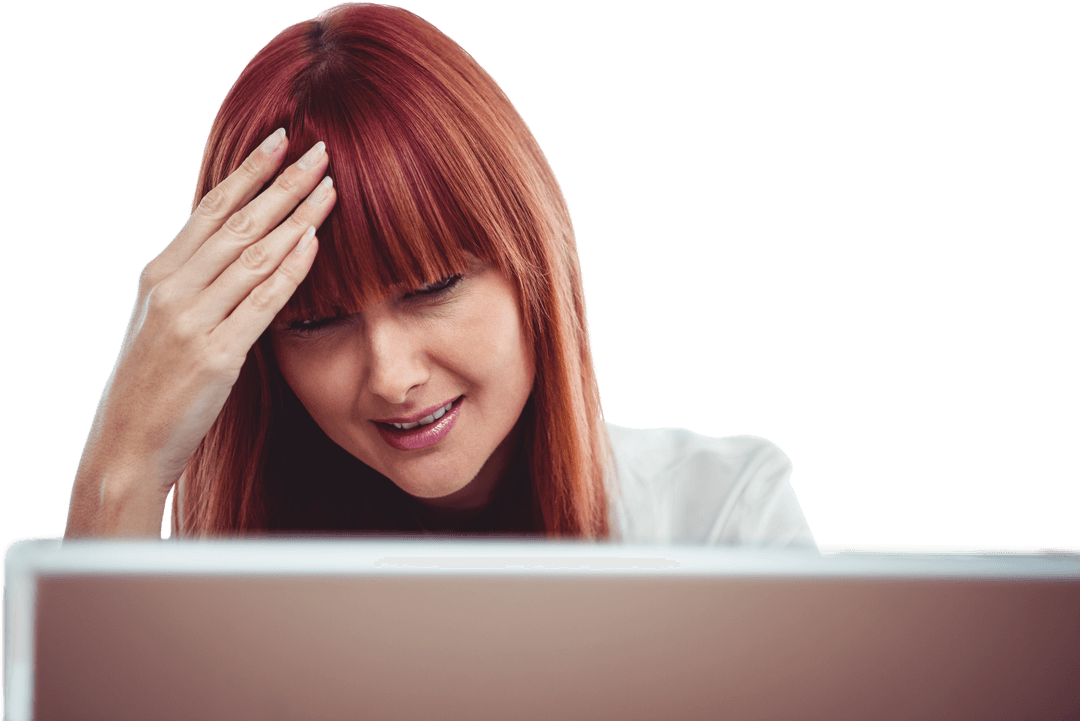 Transparent Background Woman Stressed Looking at Computer Screen