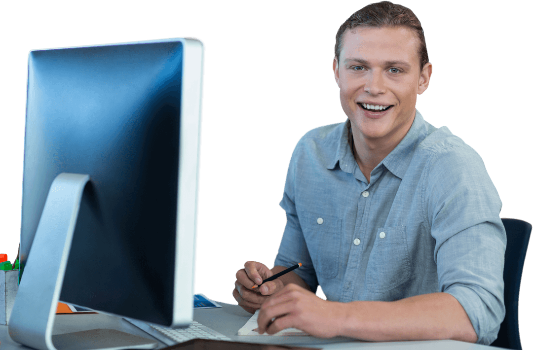 Happy Young Businessman with Computer Workplace Transparent Background