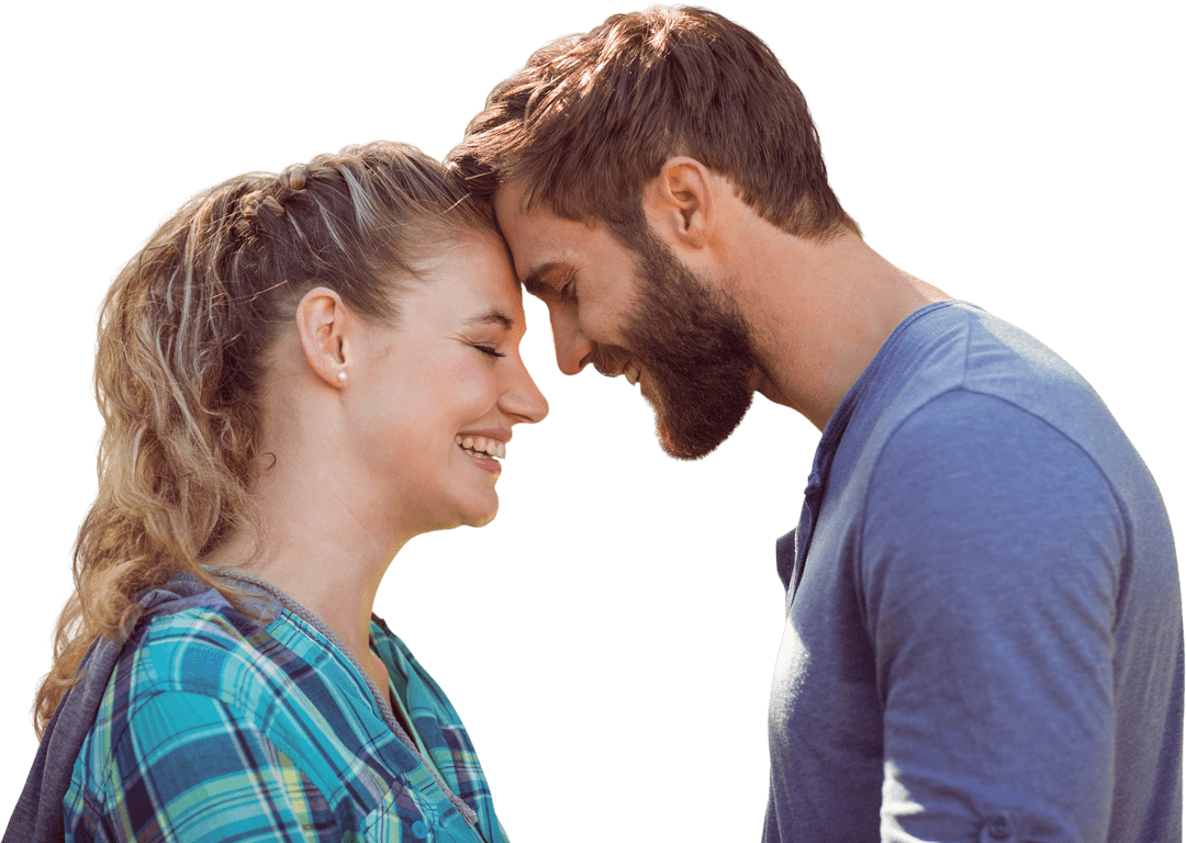 Transparent Smiling Couple with Foreheads Touching Close Up