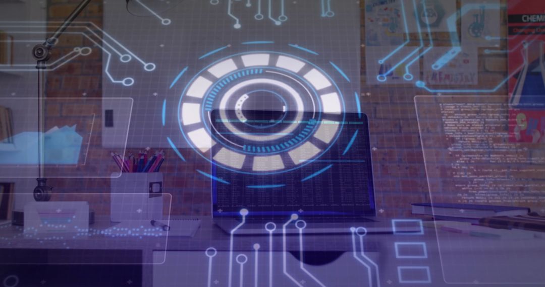 Futuristic Data Processing on Office Laptop with Digital Interface Overlay