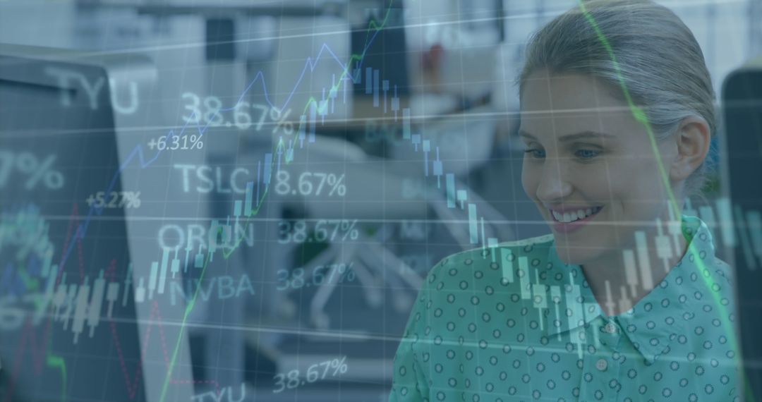 Businesswoman Analyzing Stock Market Data on a Computer Screen