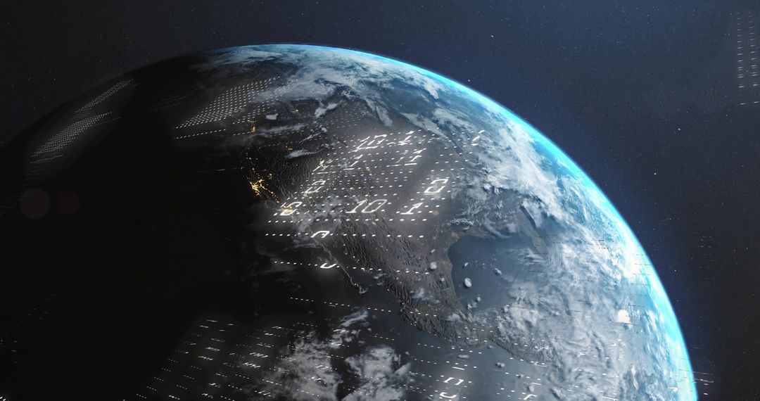 Earth from Space with Futuristic Binary Overlay