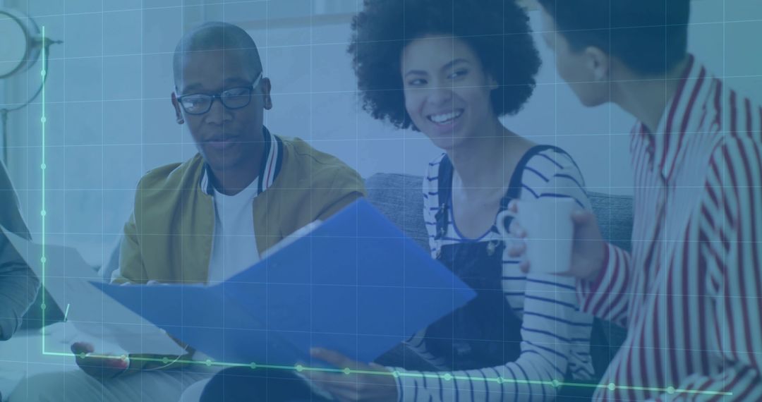 Diverse Team Collaborating in Modern Lounge with Digital Interface