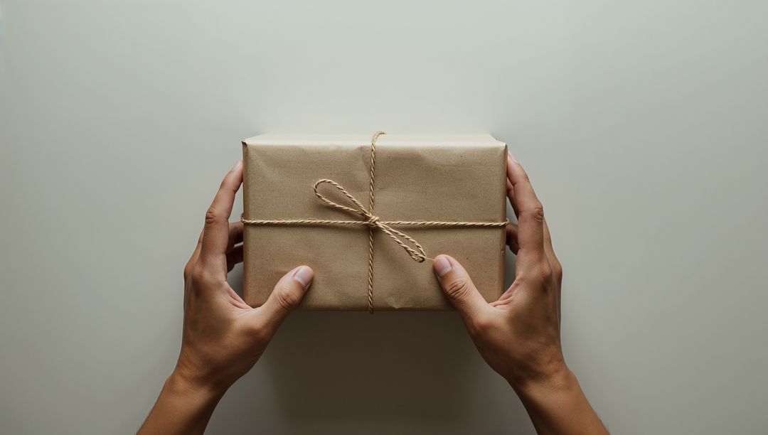 Hands Presenting Gift Wrapped in Rustic Kraft Paper with Twine Bow