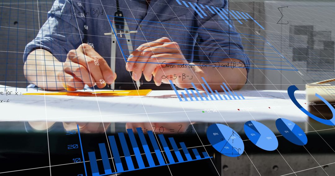 Architect Analyzing Financial Data with Overlaying Mathematical Elements