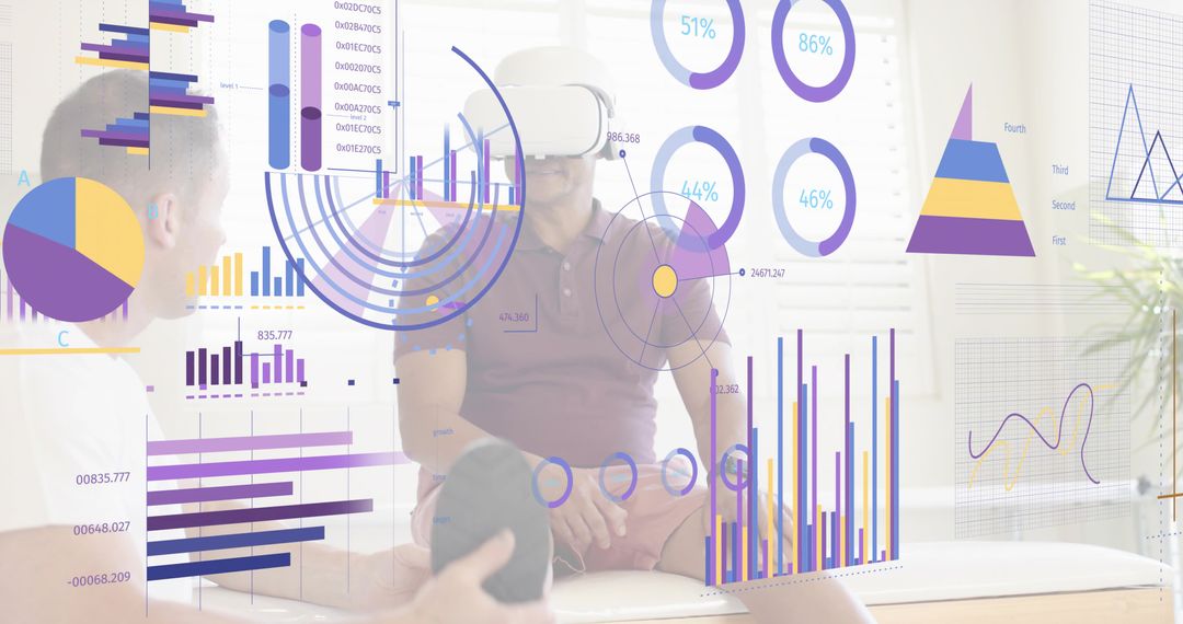 Casual man wearing VR headset viewing augmented reality analytics dashboard in bright lounge