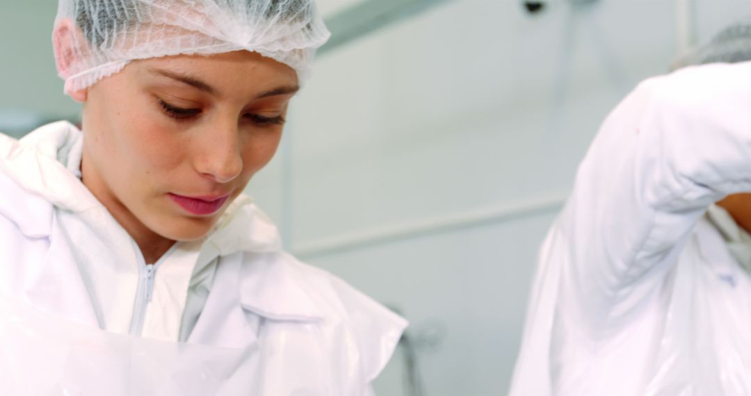 Young Woman in Cleanroom Apparel Focused on Work - Free Images, Stock Photos and Pictures on Pikwizard.com