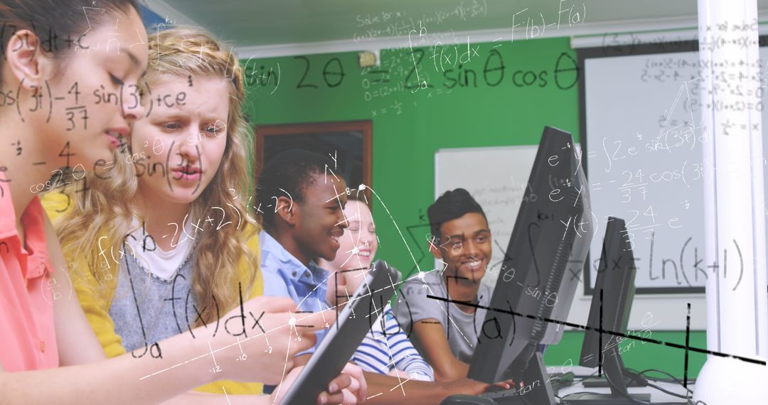 Students Collaborating on Math Project Using Computers