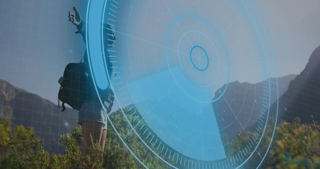 Female hiker stretching arms on mountain ridge with augmented reality HUD overlay