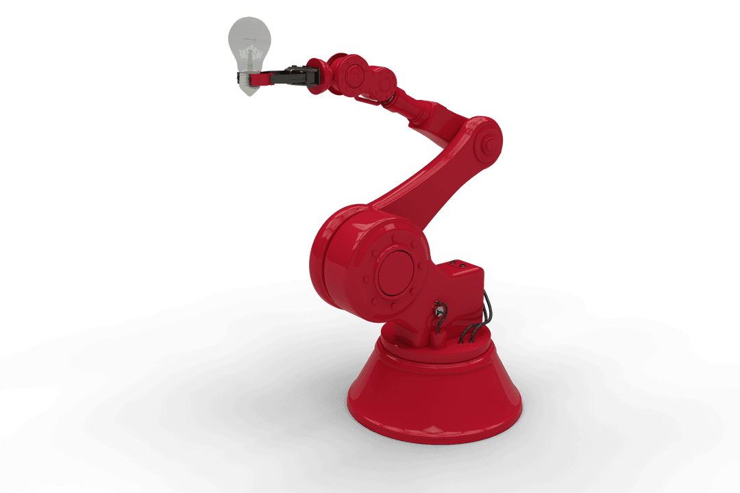 Red Robotic Arm with Light Bulb on Transparent Background