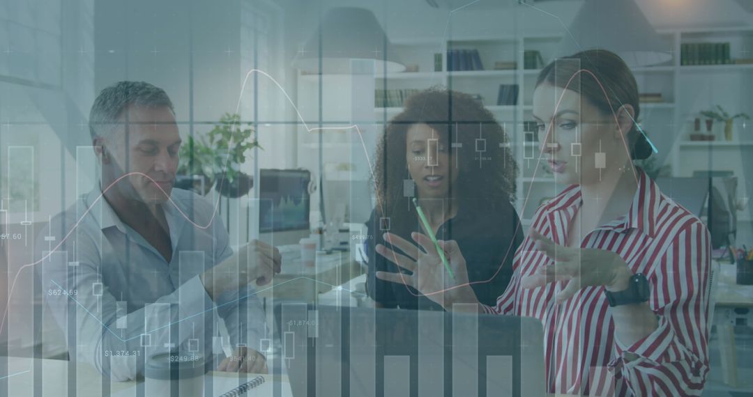 Team Analyzing Financial Data with Transparent Graphs Overlay